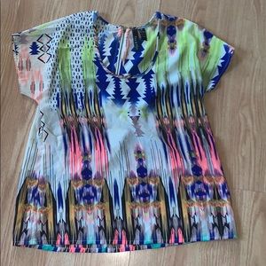 Fun and Flirt neon aztec print top shirt medium